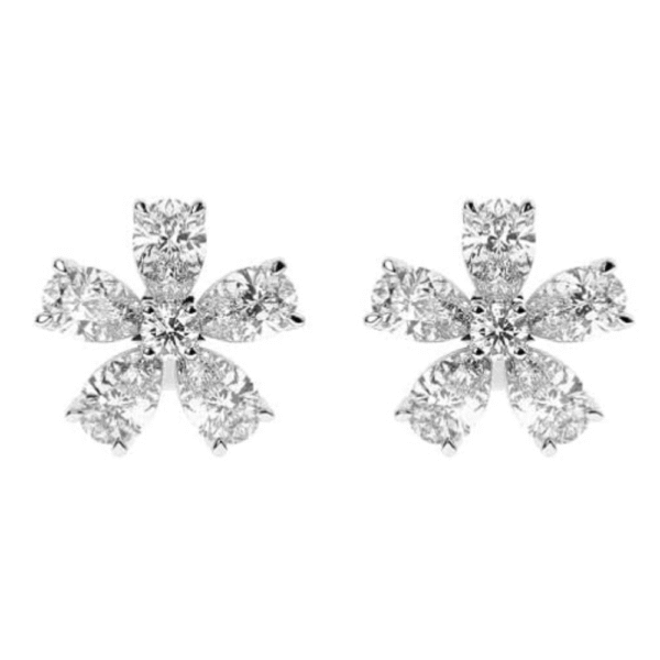 18K White Gold 100% Natural Round & Pear Shaped Diamonds Floral Earrings