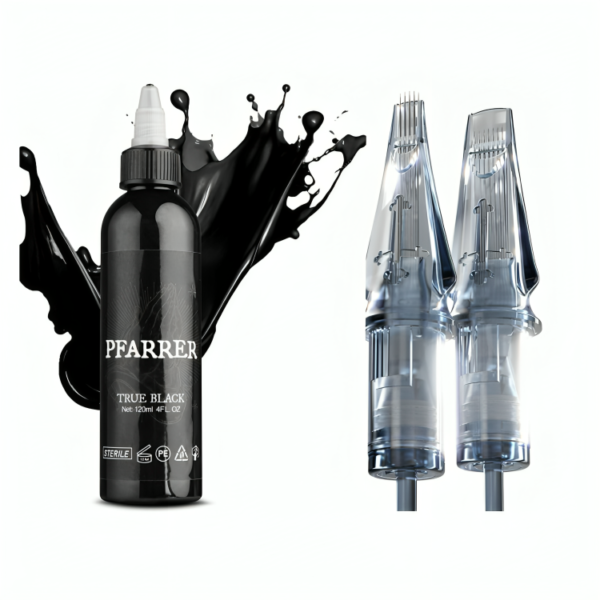 Tattoo Needles Cartridge #10 Bugpin 3 Round Liner +Black Tattoo Ink 4oz(120ml)
