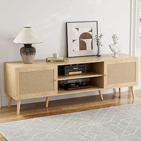 TV Stand for TVs up to 65'', Entertainment Center with Rattan Door